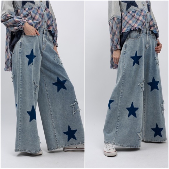 Bluevelvet Light Wash Star Patch Print Wide leg Denim Jeans Pants - Picture 2 of 4